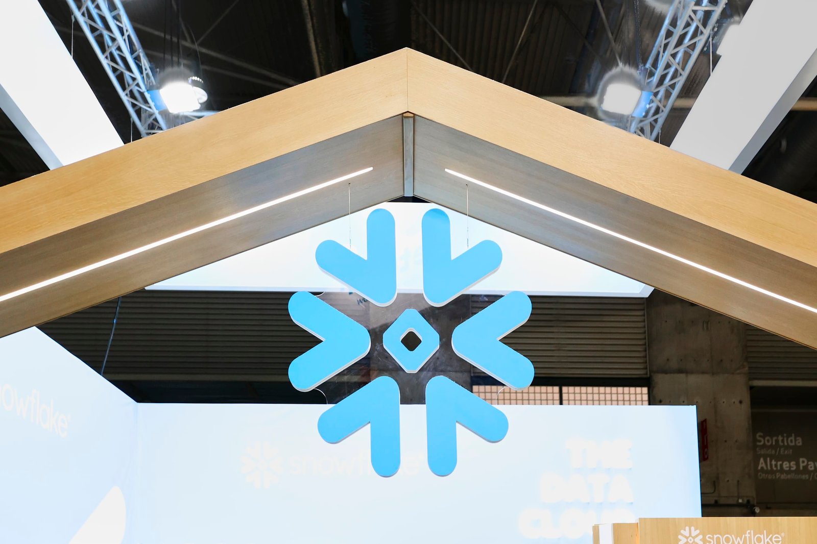 The Snowflake Inc. logo, an American computing-based data cloud company that has a strong partnership with Salesforce, displayed on their stand during the Mobile World Congress 2023 on March 2, 2023, in Barcelona, Spain. 