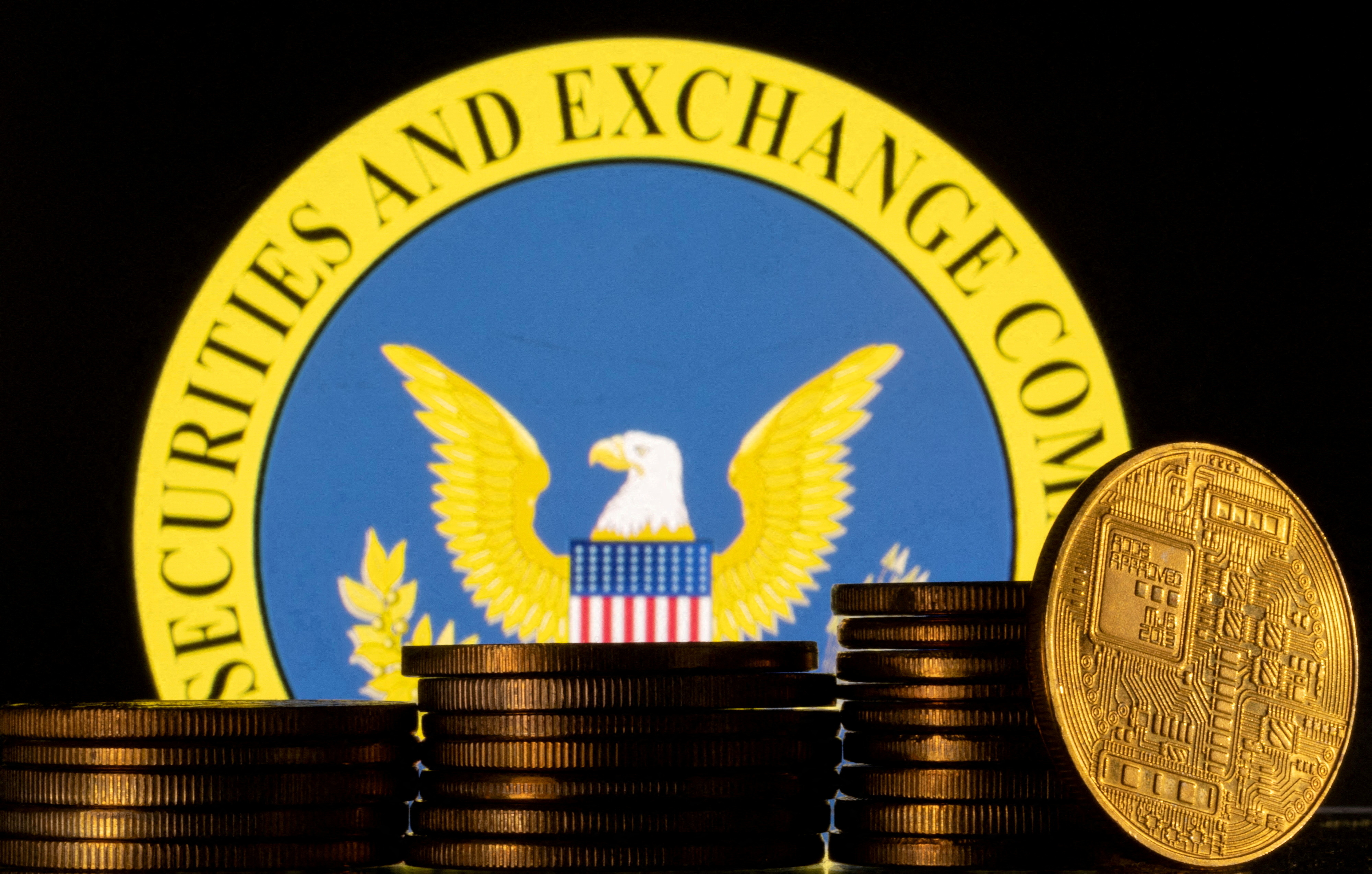 U.S. Securities and Exchange Commission logo with representations of stacked cryptocurrency coins in illustration