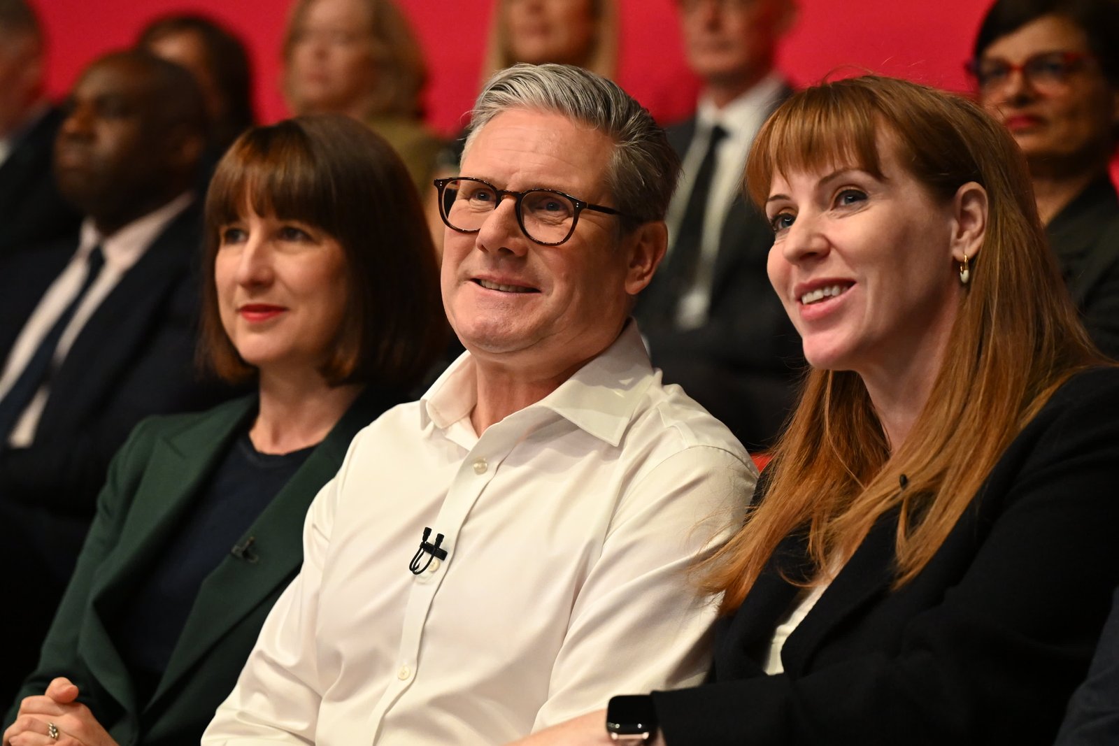 Shadow Chancellor Rachel Reeves, Labour leader Sir Keir Starmer and Deputy leader, Angela Rayner, attend an event to launch Labour's election pledges at The Backstage Centre on May 16, 2024 in Purfleet, United Kingdom. 