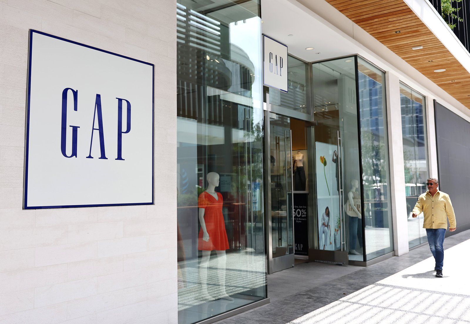The Gap logo is displayed at a Gap store on April 25, 2023 in Los Angeles, California. 