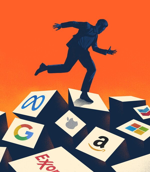 An illustration shows a person precariously stepping across a jumble of blocks labeled individually with the logos of Meta, Google, Apple, Exxon Mobil, Amazon, Microsoft and Chevron. 