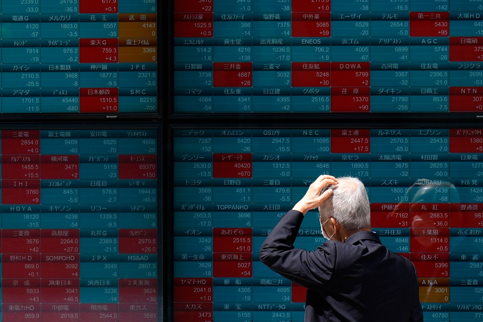 FILE - A person looks at an electronic stock board showing Japan's Nikkei 225 index at a securities firm in Tokyo, on May 2, 2024. Asian shares were mostly higher on Monday, May 6, 2024 after Wall Street ended last week with the stock market's best day in over two months in a rally backed by the cooler-than-expected U.S. employment data. (AP Photo/Eugene Hoshiko, File)