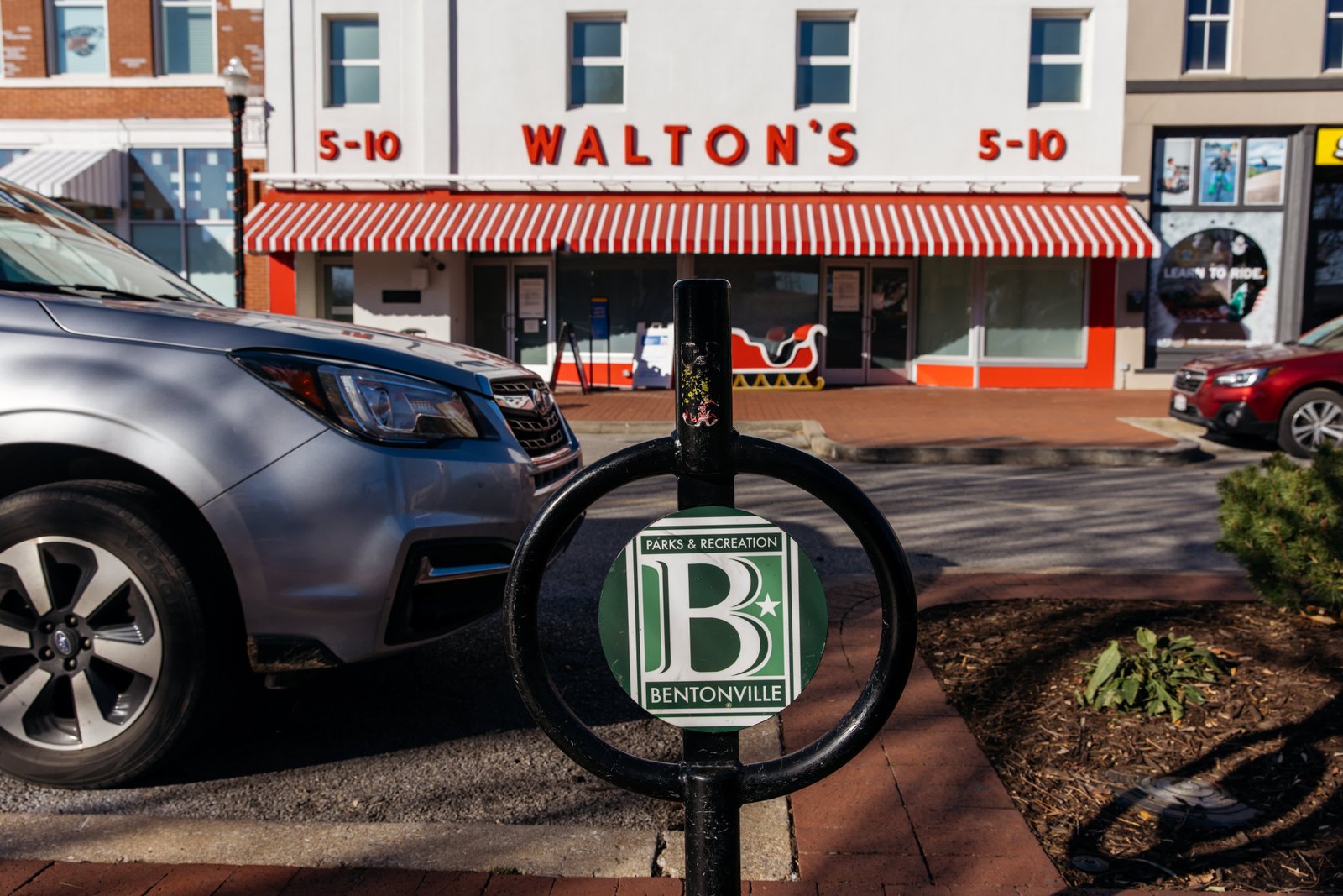 A bicycle rack in front of Walton's 5&10 store, part of the Walmart Museum, in Bentonville, Arkansas, US, on Monday, Nov. 21, 2022. 