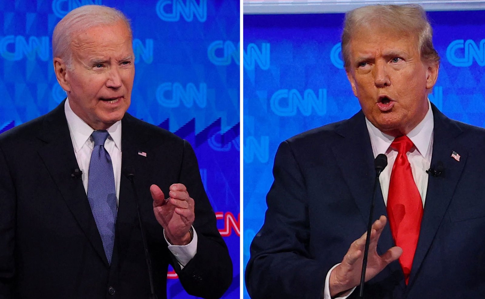 Democratic Party presidential candidate U.S. President Joe Biden and Republican presidential candidate former U.S. President Donald Trump speak during a presidential debate in Atlanta, Georgia, U.S., June 27, 2024 in a combination photo.