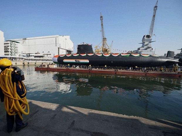 India's second scorpene class submarine Khanderi launched at Mazagon dock shipbuilders limited (mdl) in Mumbai. Photo: PTI
