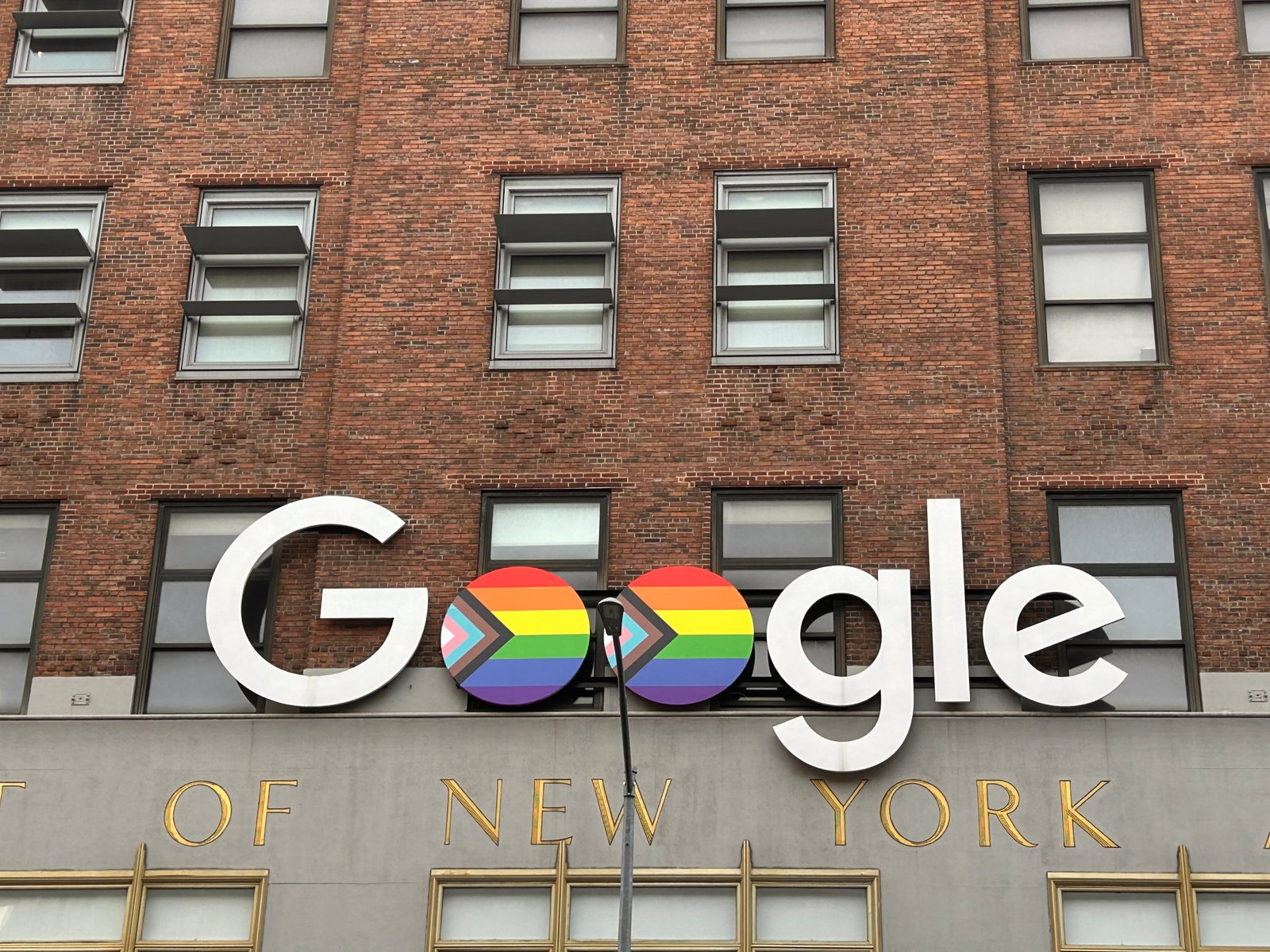LGBTQA+ pride flags in the Google sign to celebrate Gay Pride Month, Manhattan, New York. 