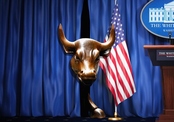 An illustration showing a photo of the Charging Bull of Wall Street coming from behind blue curtains on a stage and standing next to an American flag and an empty speaker lectern.
