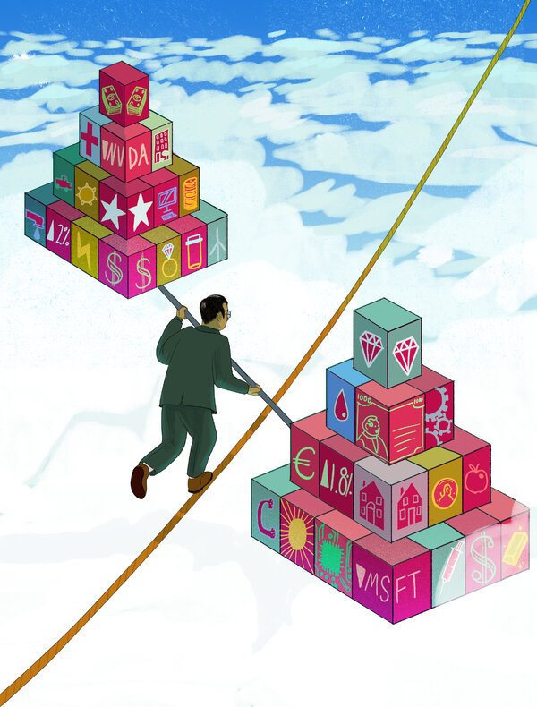 A man on a tightrope holding a pole that is evenly weighted at both ends by piles of boxes.