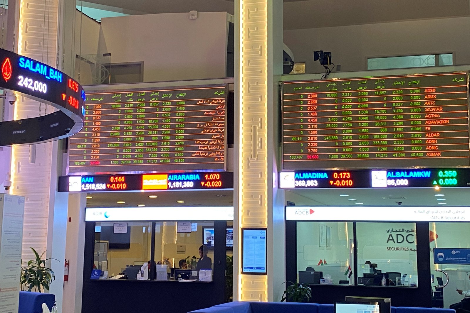 Electronic boards showing stock information are pictured at the stock market, in Dubai, United Arab Emirates