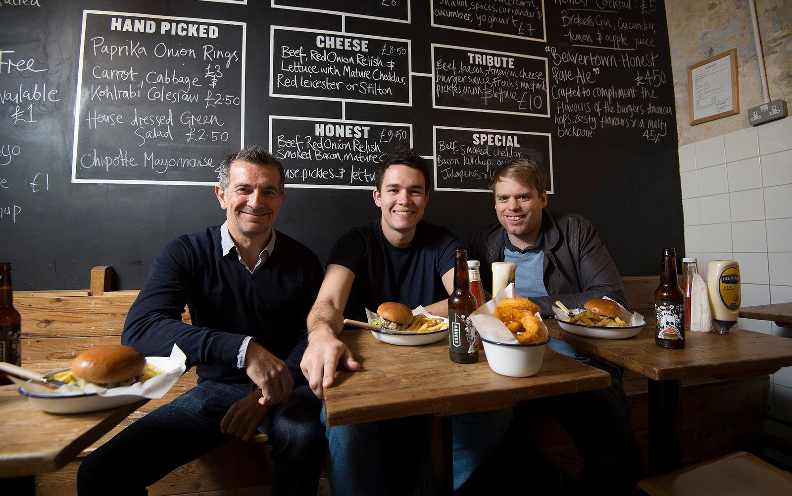 The founders of the Honest Burgers restaurant chain (Dorian Waite, Tom Barton and Phil Eles), 2015