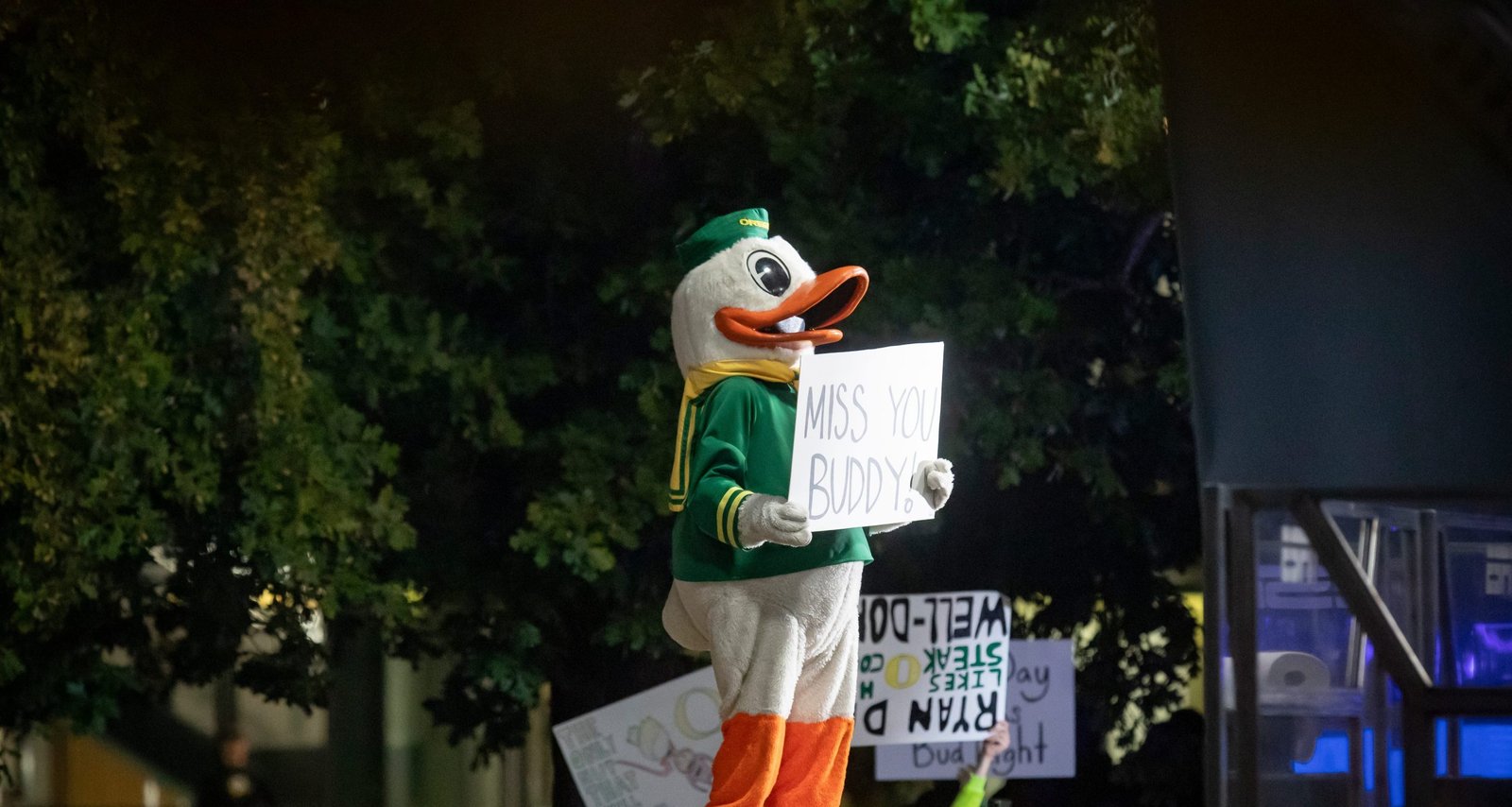 The Duck sends his well wishes to Lee Corso during ESPN’s “College GameDay” Saturday, Oct. 11, 2024 on the campus of the University of Oregon in Eugene, Ore.