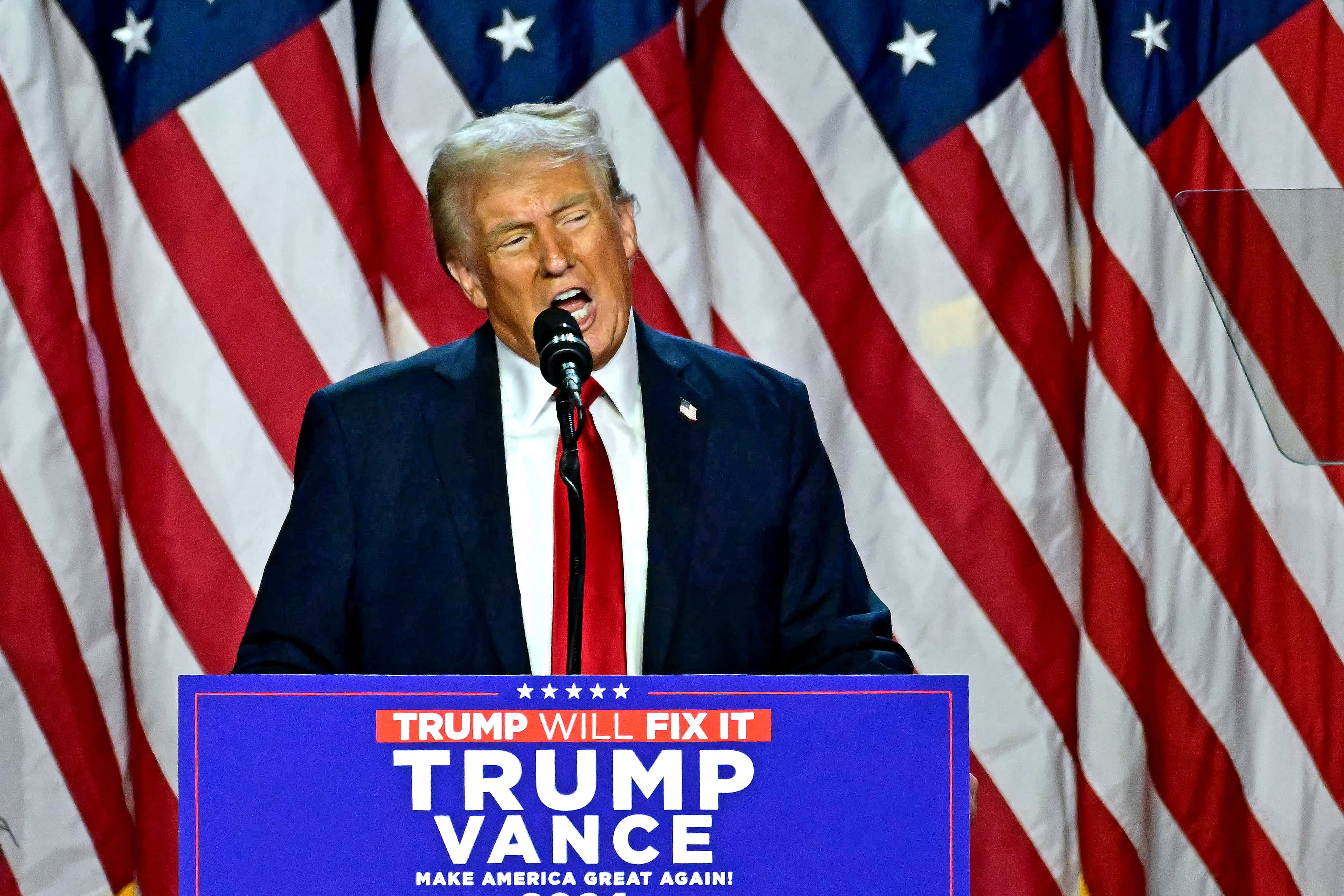 President-elect Donald Trump speaks during an election night event at the West Palm Beach Convention Center in West Palm Beach, Florida, on Nov. 6, 2024.