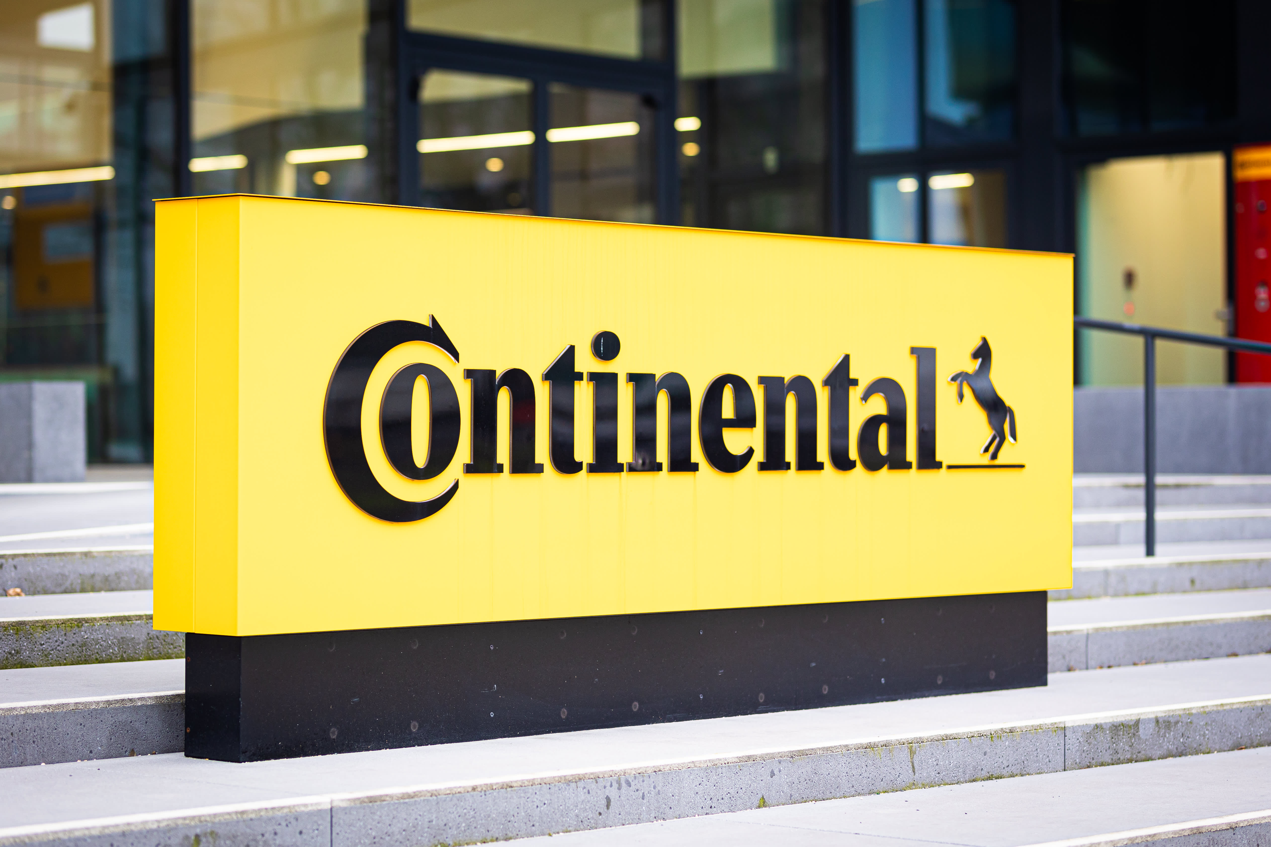 The Continental AG logo in front of the automotive supplier's headquarters.