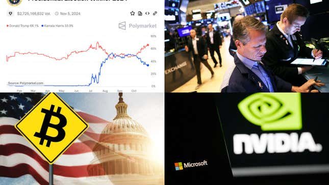 Image for article titled Election betting, tech stocks sink, and Bitcoin under Trump: Markets news roundup