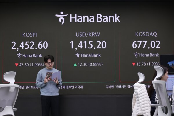 People in front of a screen showing stock and currency figures. The words “Hana Bank” are at the top of the screen.