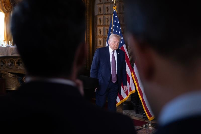 US President-elect Donald Trump leaves after speaking to members of the media during a press conference at the Mar-a-Lago Club on January 7, 2025.