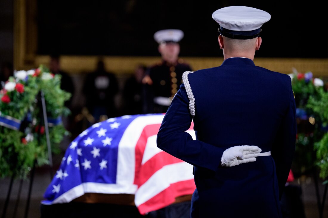 WASHINGTON, DC - JANUARY 8: The flag-draped casket of former U.S. President Jimmy Carter lies in state in the U.S. Capitol Rotunda on January 8, 2025 in Washington, DC. Carter, the 39th President of the United States, died at the age of 100 on December 29, 2024 at his home in Plains, Georgia. (Photo by Andrew Harnik/Getty Images)