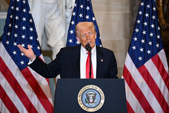 US President Donald Trump speaks during the National Prayer Breakfast at the US Capitol in Washington, DC, on February 6, 2025. 