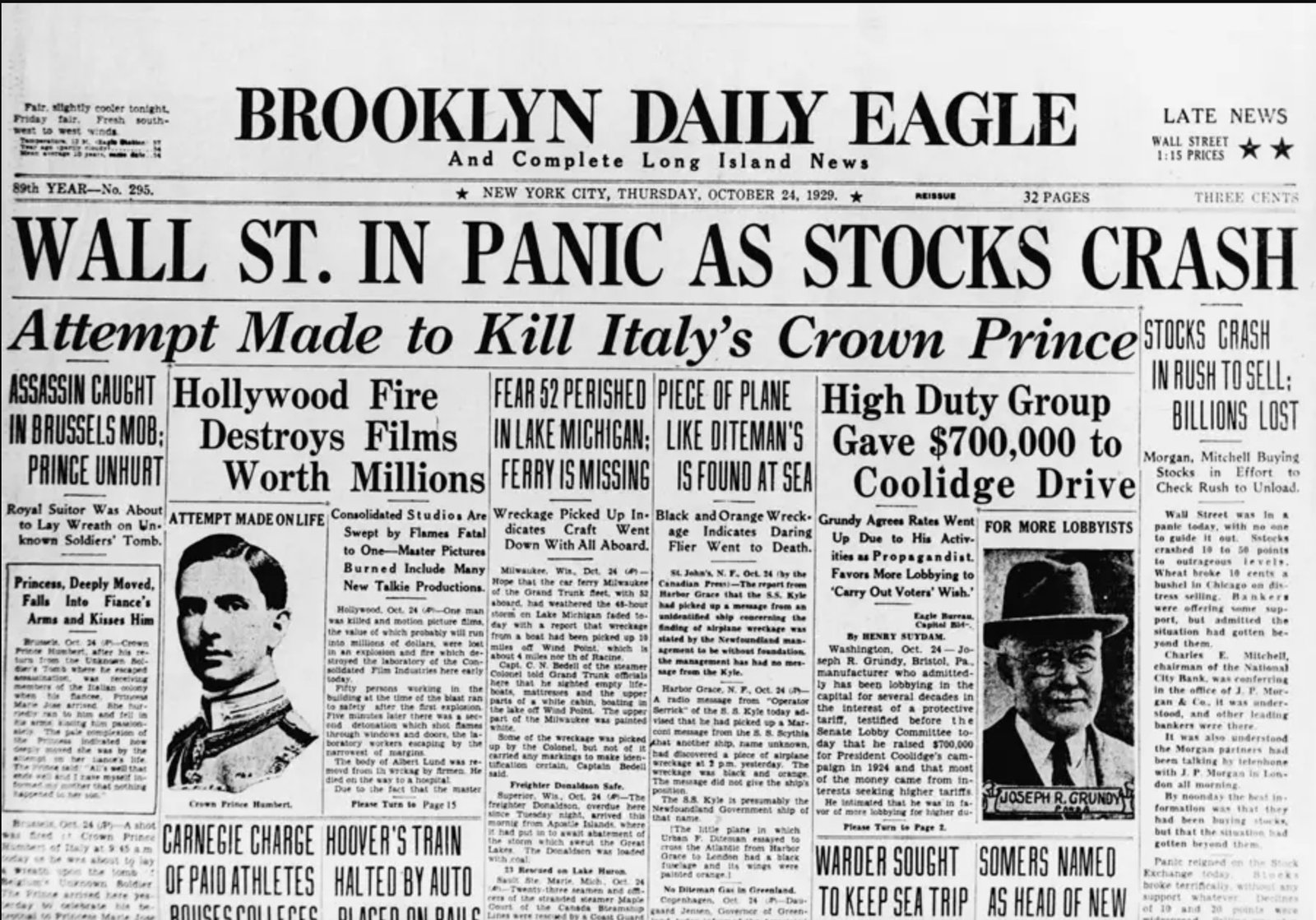 Front page of the Brooklyn Daily Eagle, dated October 24, 1929. The headline reads 