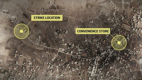 This satellite image shows where the family stopped at a convenience store before an Israeli airstrike hit their car about one mile away. (AP Marshall Ritzel/Planet Labs)