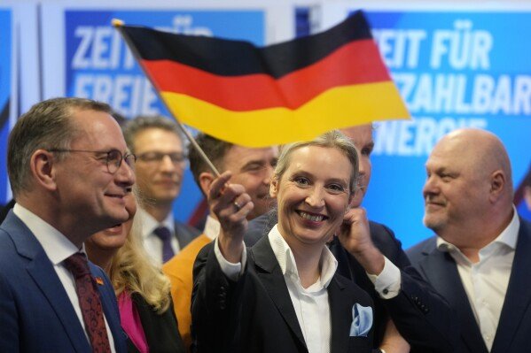 Leader of far right AfD Alice Weidel in Berlin, Germany, Feb. 23, 2025, after the German national election. (AP Photo/Michael Probst)