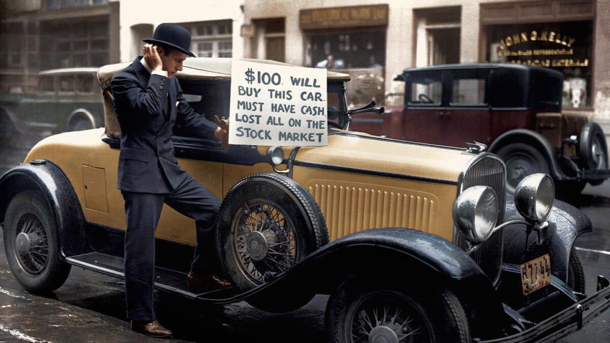 A man in a suit and bowler hat leans on a vintage car, holding a sign that reads, 