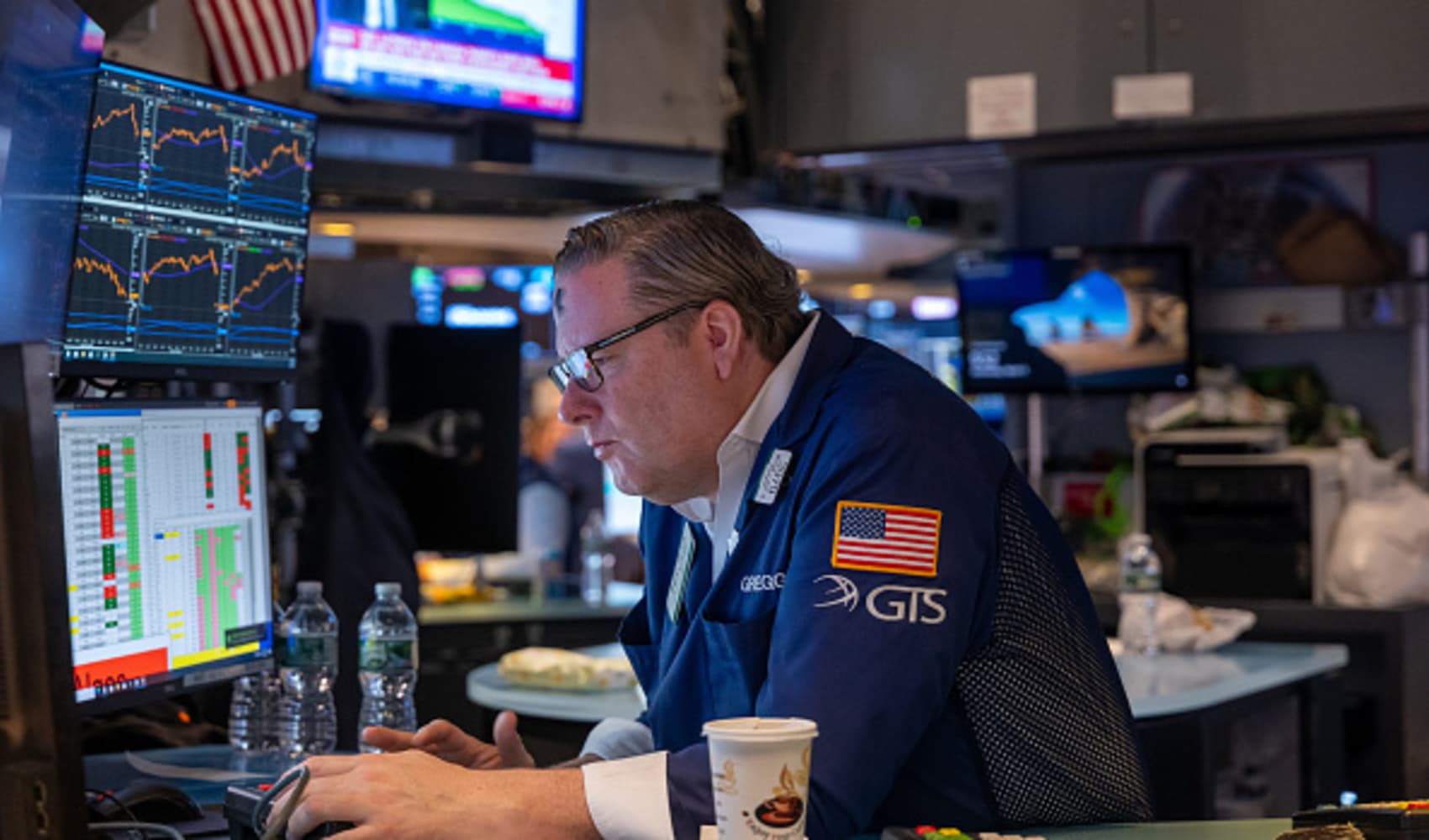 Traders work on the floor of the New York Stock Exchange (NYSE) on March 05, 2025, in New York City. F