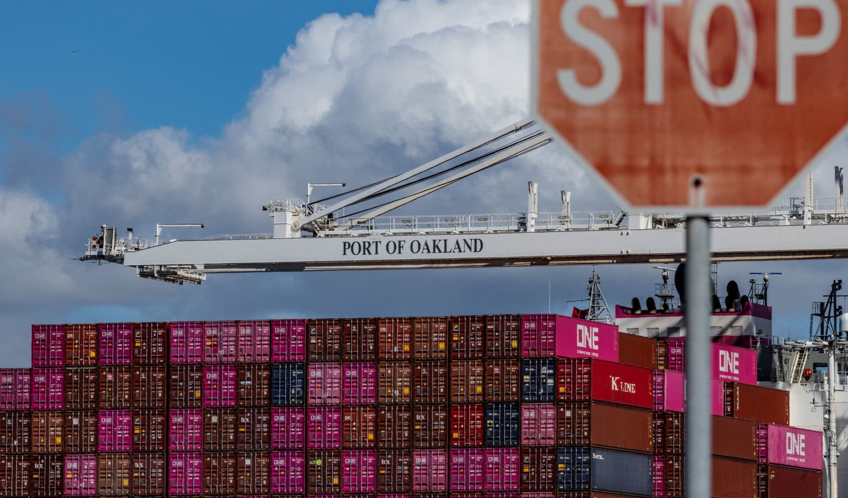 A cargo ship full of shipping containers at the port of Oakland as trade tensions escalate over U.S. tariffs, in Oakland, California, on March 6, 2025.
