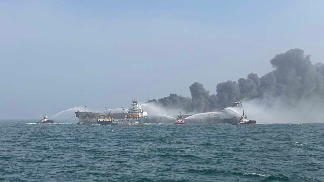 Fire and rescue services attend after a collision between oil tanker MV Stena Immaculate and the cargo vessel MV Solong off the coast of the Humber Estuary on Monday.
