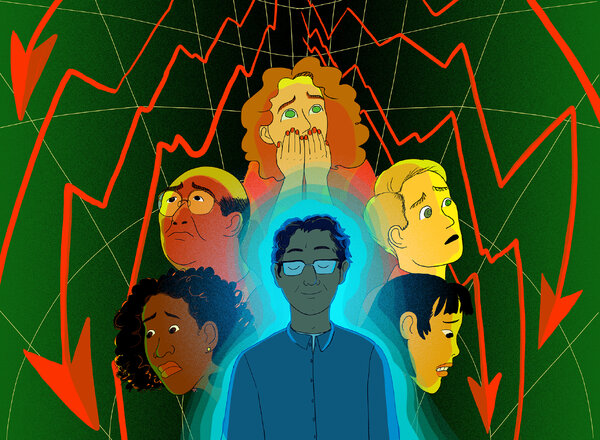 An illustration depicts a variety of people’s faces looking worried or fearful as red arrows fall around them.