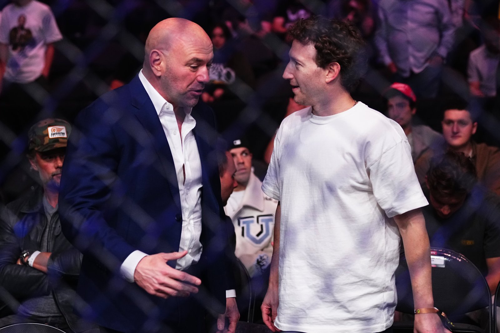 UFC CEO Dana White, left, and Meta CEO Mark Zuckerberg attend the UFC 300 event at T-Mobile Arena in Las Vegas, Nevada, April 13, 2024.