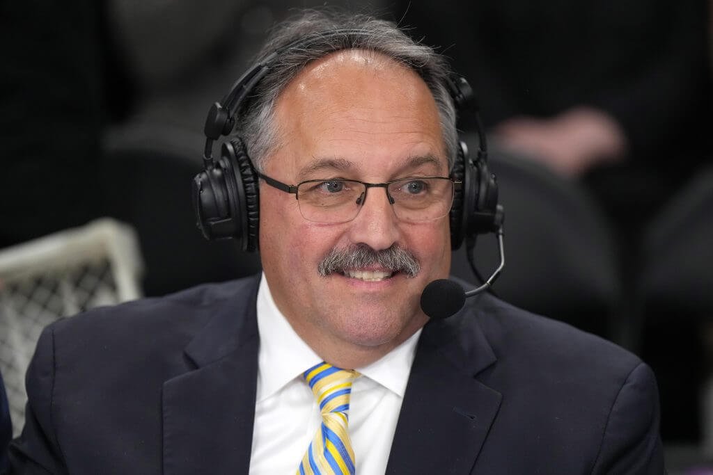 Feb 23, 2023; Los Angeles, California, USA; TNT broadcaster Stan Van Gundy during the game between the Los Angeles Lakers and the Golden State Warriors at Crypto.com Arena. Mandatory Credit: Kirby Lee-USA TODAY Sports