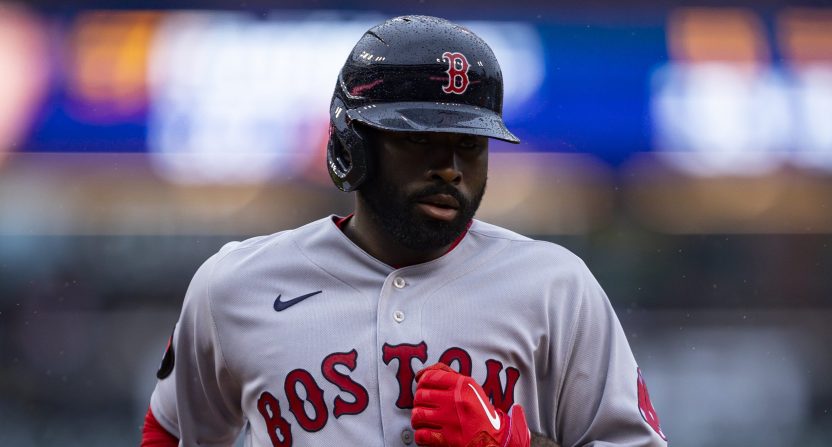 Apr 13, 2022; Detroit, Michigan, USA; Boston Red Sox right fielder Jackie Bradley Jr. (19) scores a run during the fourth inning against the Detroit Tigers at Comerica Park.