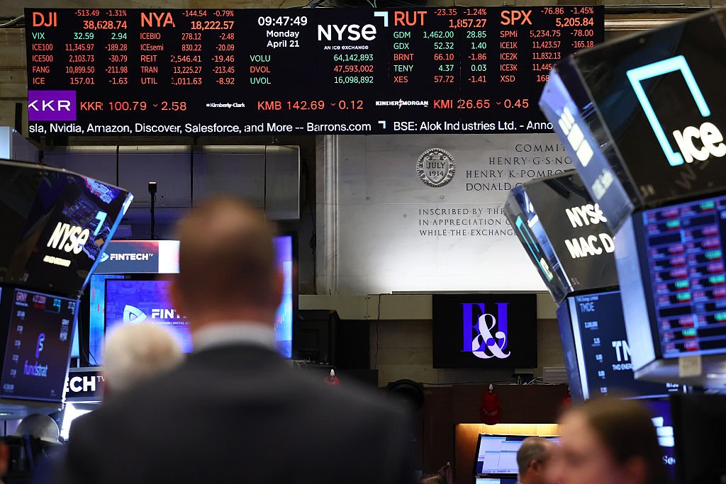 NEW YORK, NEW YORK - APRIL 21: Stock market numbers are displayed at the New York Stock Exchange during morning trading on April 21, 2025 in New York City. The stock market continued a decline in points with the Dow Jones opening under 500 points as U.S. President Donald Trump’s tariffs continue to have an impact on the market and his renewed attacks against Federal Reserve Chair Jerome Powell.  (Photo by Michael M. Santiago/Getty Images)