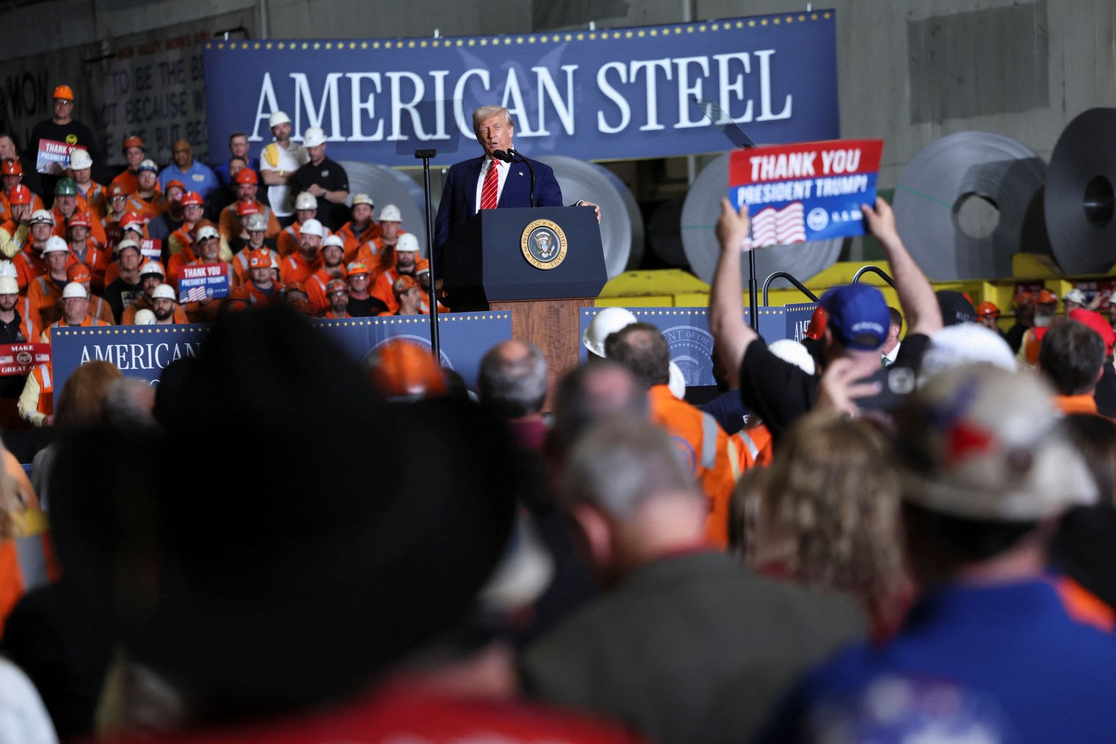 U.S. President Donald Trump delivers remarks at U.S. Steel Corporation–Irvin Works in West Mifflin, Pennsylvania, U.S., May 30, 2025. 