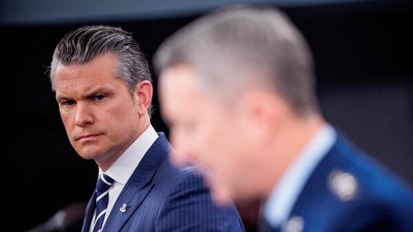 Chairman of the Joint Chiefs of Staff Air Force Gen. Dan Caine (R), accompanied by U.S. Defense Secretary Pete Hegseth (L) discusses the mission details of a strike on Iran during a news conference at the Pentagon on June 22, 2025. (Photo: Getty Images via AFP)