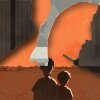 An illustration of two young children in a desert camp seen in a silhouette of a man looking down layered with another silhouette of a different man and a woman looking at room with an open window.