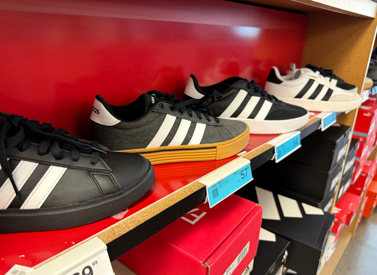 Adidas shoes are displayed at a DSW store on April 29, 2025 in Novato, California.
