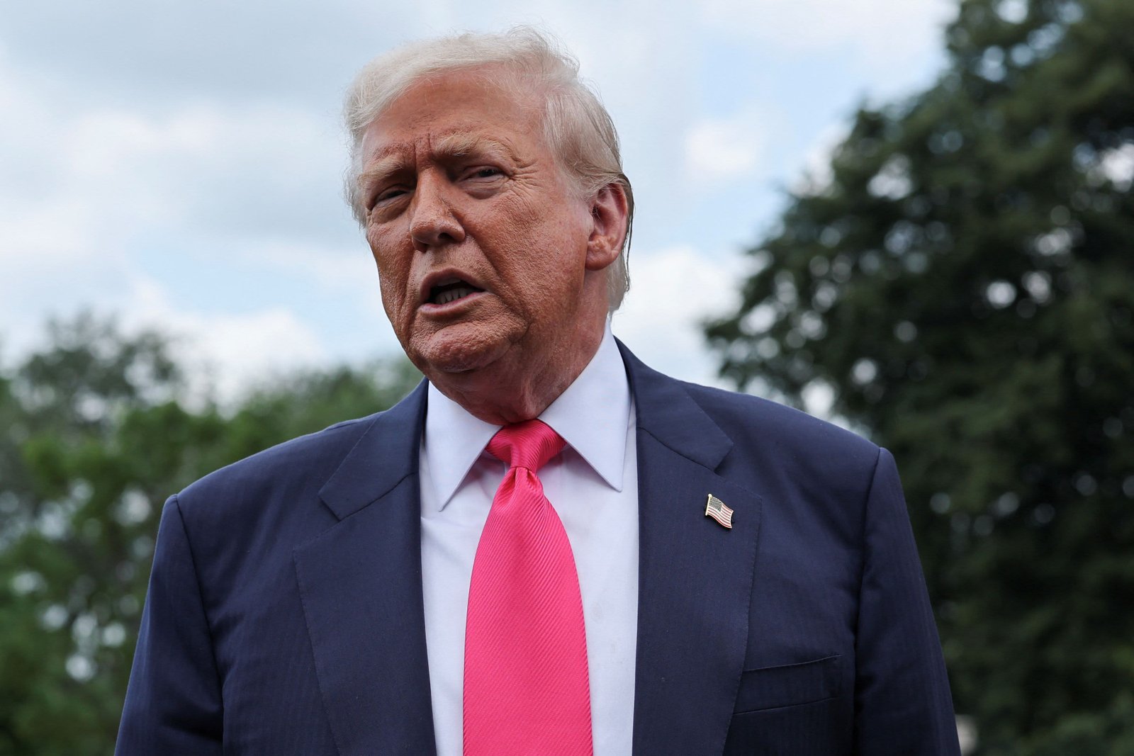 U.S. President Donald Trump speaks with reporters, as he departs for travel to Pennsylvania from the South Lawn at the White House in Washington, D.C. U.S., July 15, 2025. 