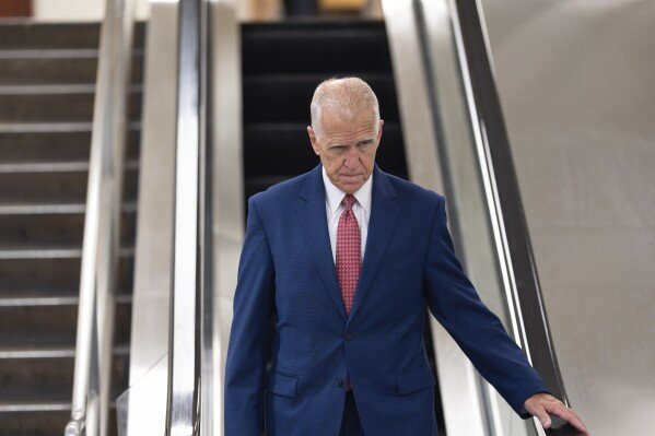 FILE  — Sen. Thom Tillis, R-N.C., returns to his office as senators arrive for votes and policy meetings, at the Capitol in Washington, June 17, 2025. (AP Photo/J. Scott Applewhite, File)
