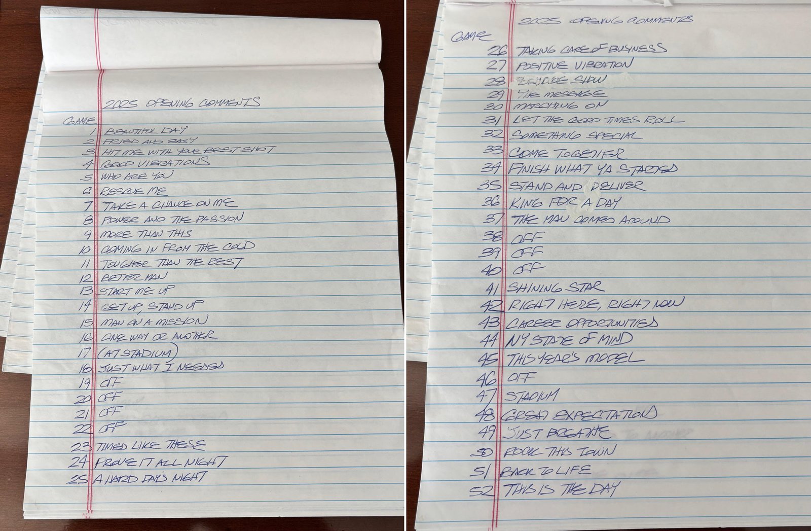 Curry estimates he's used around 1,000 song titles for his opening comments on the YES pregame shows over the years. (Courtesy of Jack Curry)