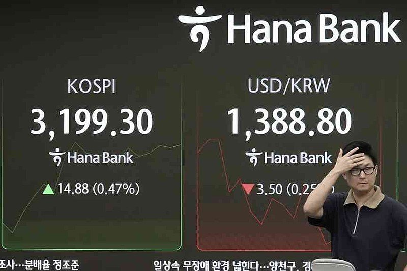 A currency trader passes by a screen showing the Korea Composite Stock Price Index (KOSPI), left, and the foreign exchange rate between U.S. dollar and South Korean won at the foreign exchange dealing room of the Hana Bank headquarters in Seoul, South Korea, Thursday, Sept. 4, 2025. (AP Photo/Ahn Young-joon)