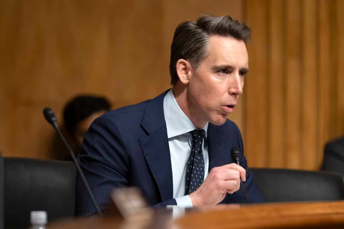 Sen. Josh Hawley, R-Mo., speaks during an April 3 hearing on Capitol Hill. Hawley is a pushing for a bipartisan bill in the Senate that would ban lawmakers from trading or holding individual stocks.