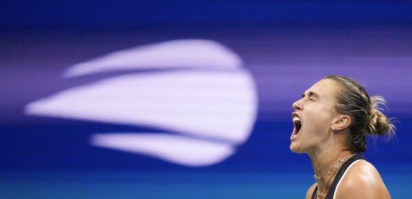 Aryna Sabalenka, of Belarus, reacts after losing a point to Amanda Anisimova, of the United States, during the women's singles final of the U.S. Open tennis championships, Saturday, Sept. 6, 2025, in New York. (AP Photo/Frank Franklin)