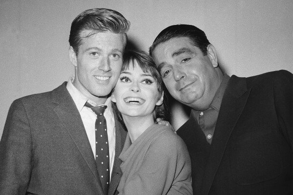 Actors Robert Redford, Elizabeth Ashley, and Kurt Kaznar appear on opening night of their play 