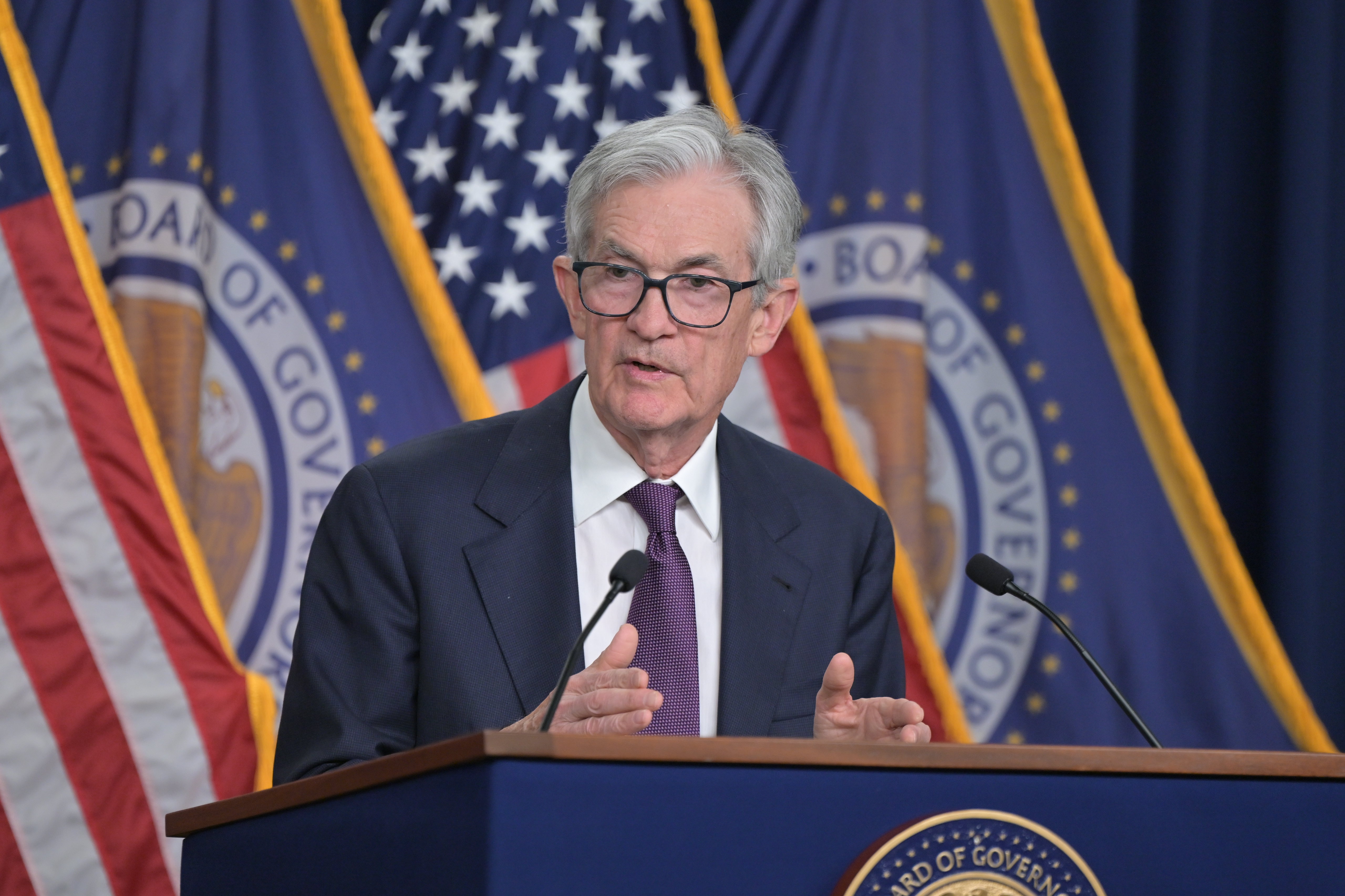 Chair Jerome Powell answers reporters' questions at a Federal Open Market Committee press conference.
