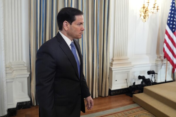 Secretary of State Marco Rubio arrives before President Donald Trump holds a news conference with Israeli Prime Minister Benjamin Netanyahu in the State Dining Room of the White House, Monday, Sept. 29, 2025, in Washington. (AP Photo/Evan Vucci)