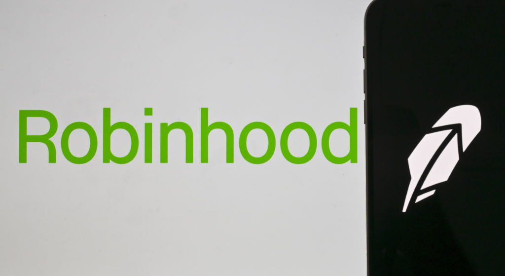 Robinhood feather logo and name on a smartphone.