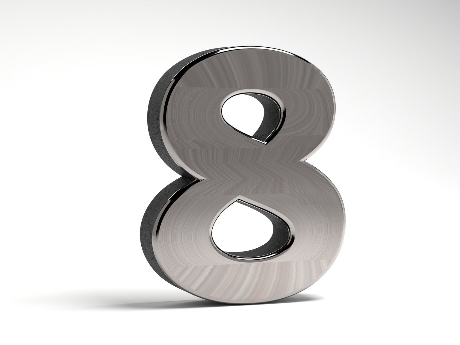 Number eight made of steel on a white background. Metal volumetric figure. 3D render.