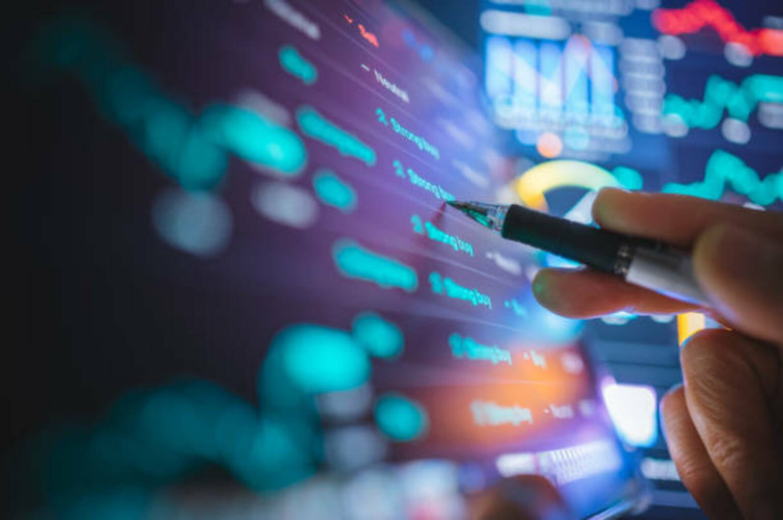 Financial advisor interacts with a digital interface displaying machine learning data insights.